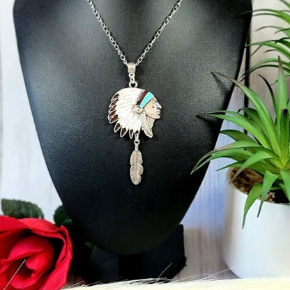 Native American Chief Head Necklace, Indigenous Cultural Headdress Pendant