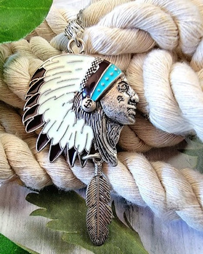 Native American Chief Head Necklace, Indigenous Cultural Headdress Pendant