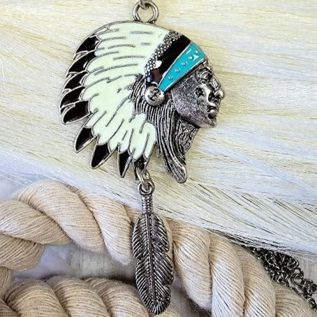 Native American Chief Head Necklace, Indigenous Cultural Headdress Pendant