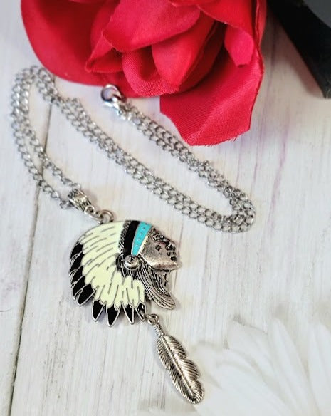 Native American Chief Head Necklace, Indigenous Cultural Headdress Pendant