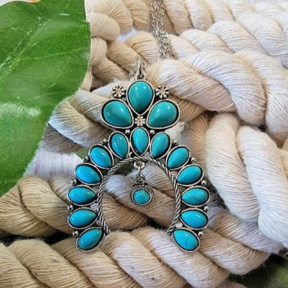 Chic Horseshoe Shaped Pendant Necklace, Faux Turquoise Teardrop Beadwork