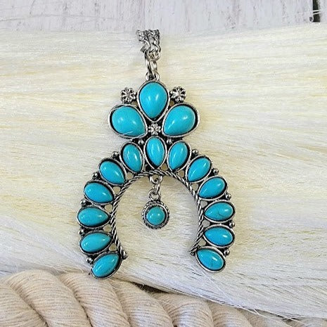 Chic Horseshoe Shaped Pendant Necklace, Faux Turquoise Teardrop Beadwork