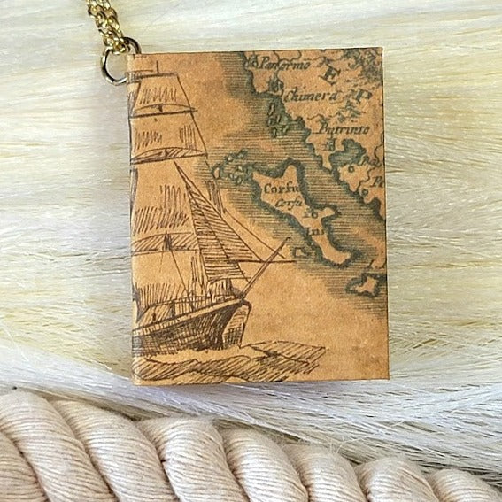 Eye-Catching Book Necklace, Brown Book Map Pendant, Perfect Gift for Travelers, Ideal Teacher Appreciation Gift, Journal with Real Pages