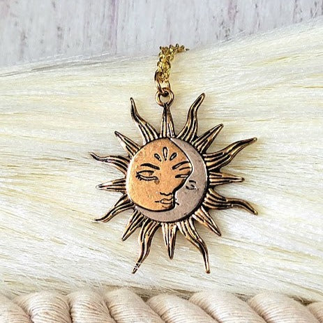 Sun and Moon Necklace, Half Moon Sun Pendant, Dual Celestial Charm