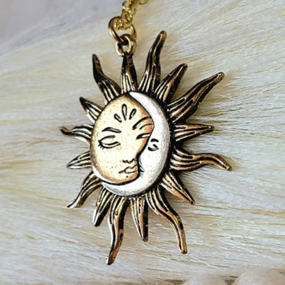 Sun and Moon Necklace, Half Moon Sun Pendant, Dual Celestial Charm