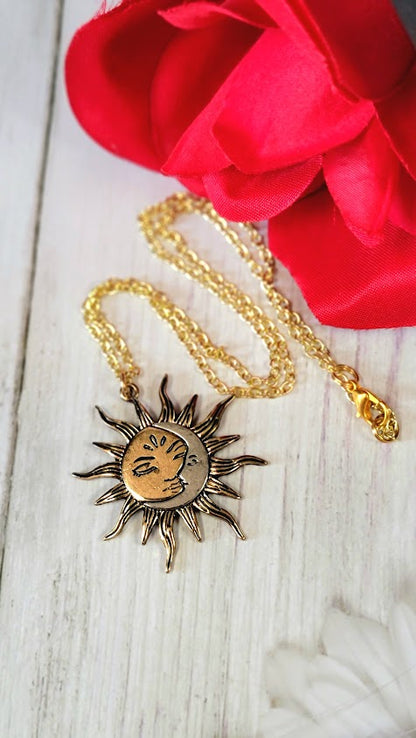 Sun and Moon Necklace, Half Moon Sun Pendant, Dual Celestial Charm