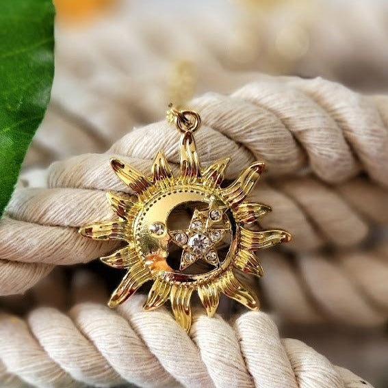 Gold Bright Sun & Star Necklace, Celestial Magic Pendant, Beacon of Positivity