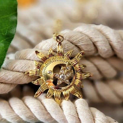 Gold Bright Sun & Star Necklace, Celestial Magic Pendant, Beacon of Positivity