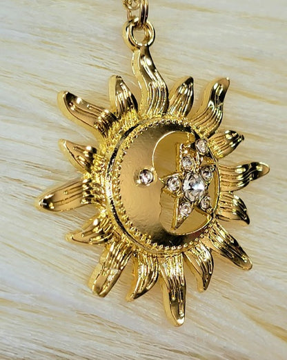 Gold Bright Sun & Star Necklace, Celestial Magic Pendant, Beacon of Positivity