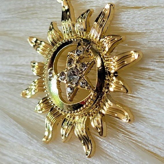 Gold Bright Sun & Star Necklace, Celestial Magic Pendant, Beacon of Positivity