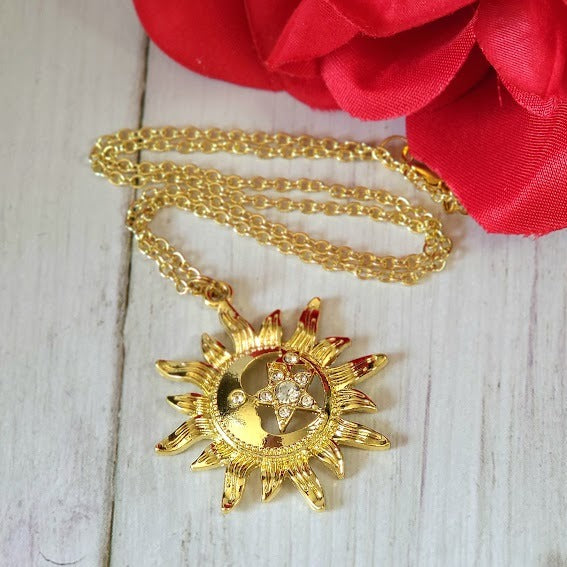 Gold Bright Sun & Star Necklace, Celestial Magic Pendant, Beacon of Positivity