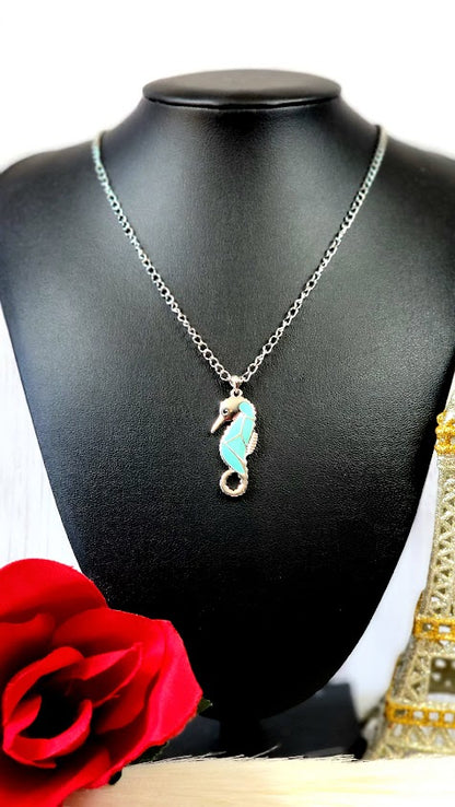 Blue Seahorse Necklace, Unique Coastal Jewelery