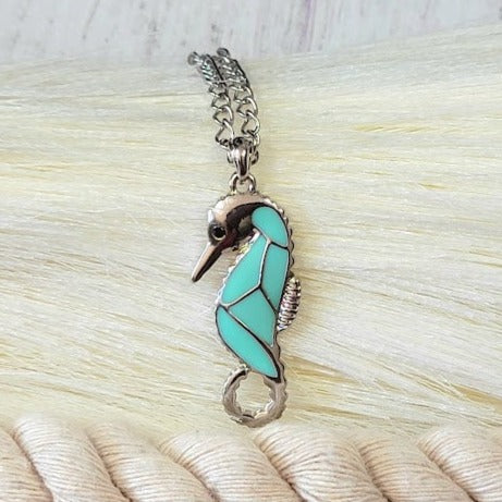 Blue Seahorse Necklace, Unique Coastal Jewelery