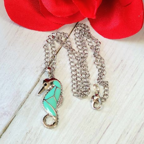 Blue Seahorse Necklace, Unique Coastal Jewelery