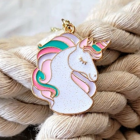 Kid's Pink Unicorn Necklace, White Pegasus Pendant