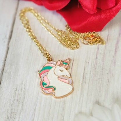 Kid's Pink Unicorn Necklace, White Pegasus Pendant