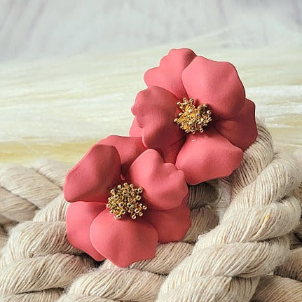 Coral Hue Floral Clay Earrings, Tropical Island Inspired Accessory