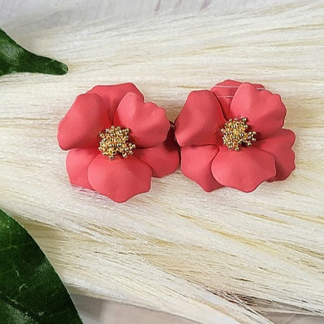 Coral Hue Floral Clay Earrings, Tropical Island Inspired Accessory