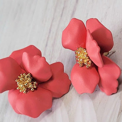 Coral Hue Floral Clay Earrings, Tropical Island Inspired Accessory