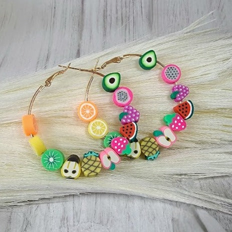 Vibrant Fruit Hoop Earrings, Big Statement Dangle, Fun Summer Jewelry