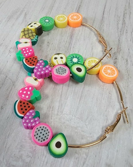 Vibrant Fruit Hoop Earrings, Big Statement Dangle, Fun Summer Jewelry