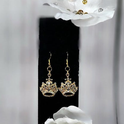 Rhinestone Studded Queen's Crown Earring, Formal Eveningwear Dangle, Special Occasion Jewelry