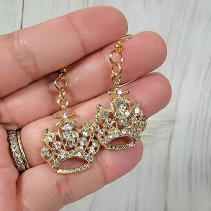 Rhinestone Studded Queen's Crown Earring, Formal Eveningwear Dangle, Special Occasion Jewelry