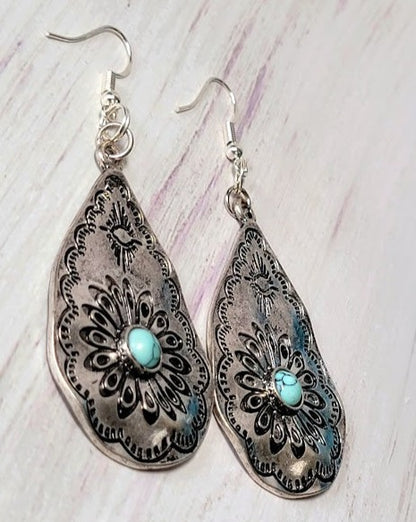 Teardrop Earring with Blue Faux Turquoise Stone, Bold Silver Teardrop Dangle for Women, Southwestern Flair Jewelry