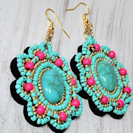 Boho Seed Bead Earrings, Handmade Turquoise Pendants, Southwestern Style