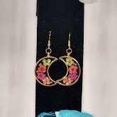 Colorful Spring Flower Earrings, Half Moon Drop, Delicate Floral Dangle, Gift for Nature Lovers, Naturally Pressed Accessory