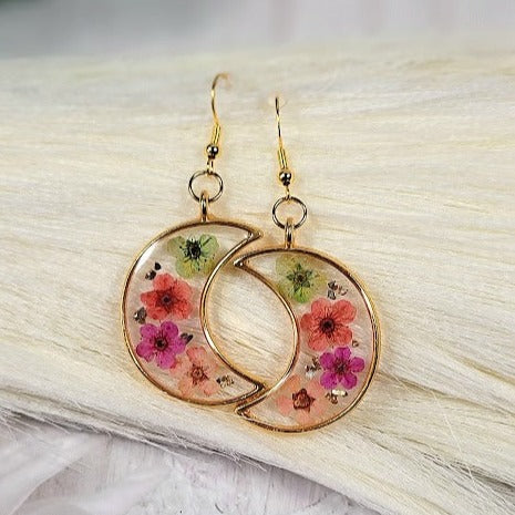 Colorful Spring Flower Earrings, Half Moon Drop, Delicate Floral Dangle, Gift for Nature Lovers, Naturally Pressed Accessory