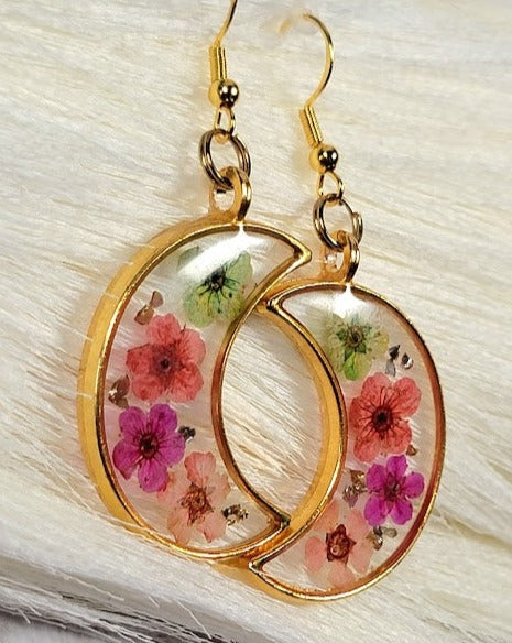 Colorful Spring Flower Earrings, Half Moon Drop, Delicate Floral Dangle, Gift for Nature Lovers, Naturally Pressed Accessory