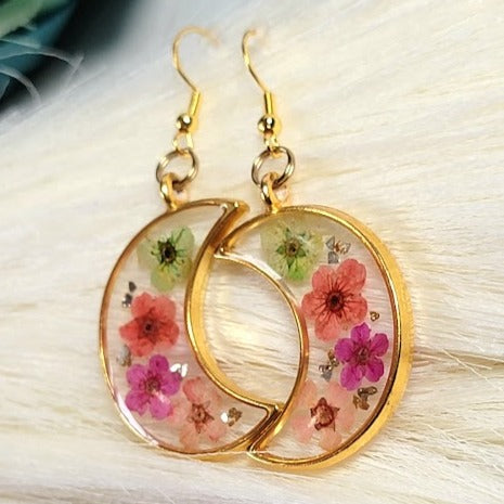 Colorful Spring Flower Earrings, Half Moon Drop, Delicate Floral Dangle, Gift for Nature Lovers, Naturally Pressed Accessory