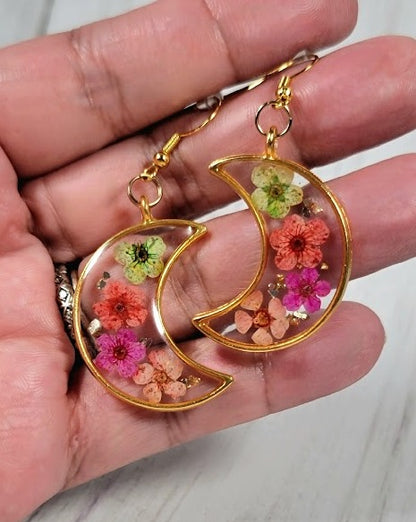 Colorful Spring Flower Earrings, Half Moon Drop, Delicate Floral Dangle, Gift for Nature Lovers, Naturally Pressed Accessory