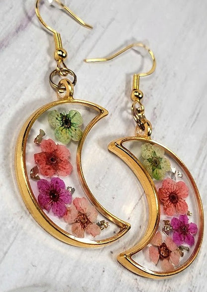 Colorful Spring Flower Earrings, Half Moon Drop, Delicate Floral Dangle, Gift for Nature Lovers, Naturally Pressed Accessory