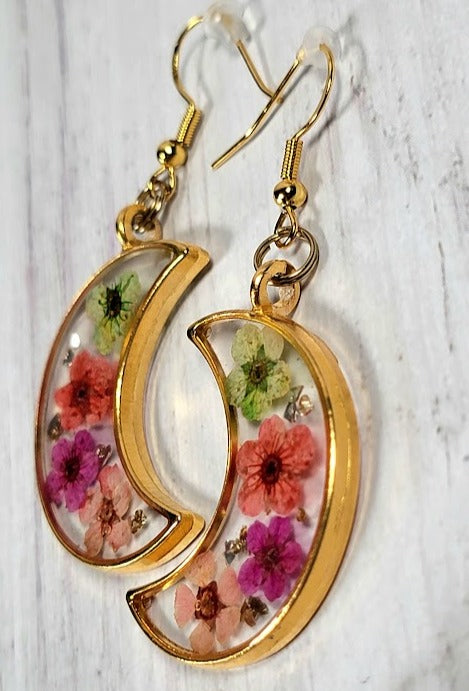 Colorful Spring Flower Earrings, Half Moon Drop, Delicate Floral Dangle, Gift for Nature Lovers, Naturally Pressed Accessory