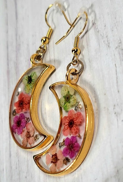 Colorful Spring Flower Earrings, Half Moon Drop, Delicate Floral Dangle, Gift for Nature Lovers, Naturally Pressed Accessory