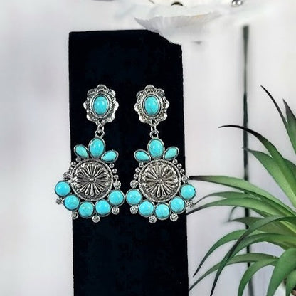 Faux Turquoise Medallion Stud Earrings, Artisan Crafted Silver Dangle