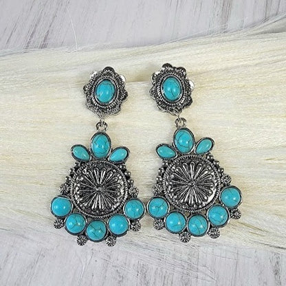 Faux Turquoise Medallion Stud Earrings, Artisan Crafted Silver Dangle