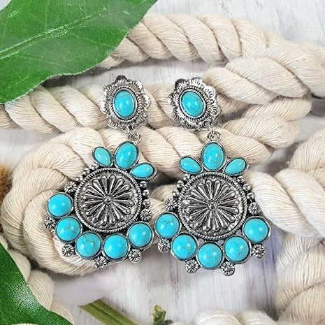 Faux Turquoise Medallion Stud Earrings, Artisan Crafted Silver Dangle