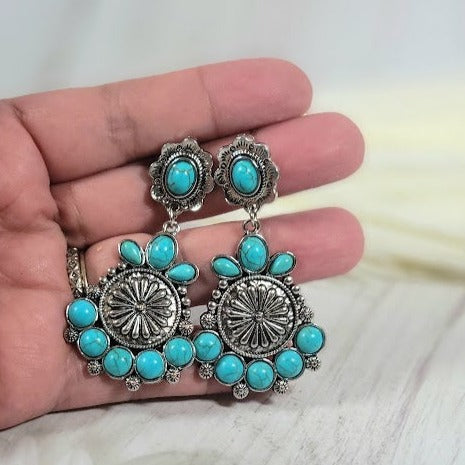 Faux Turquoise Medallion Stud Earrings, Artisan Crafted Silver Dangle