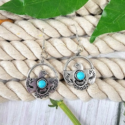 Thunderbirds with Small Faux Turquoise Stone Earrings, Southwestern Theme Accessory, Native American Inspired Dangle, Tribal Design