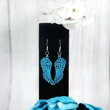 Blue Guardian Angel Feather Earrings, Religious Symbolic Dangle, Heaven-Inspired Jewelry