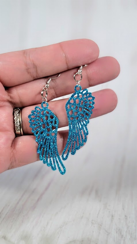 Blue Guardian Angel Feather Earrings, Religious Symbolic Dangle, Heaven-Inspired Jewelry