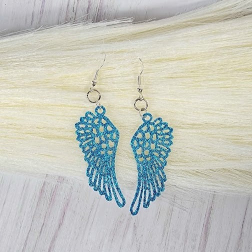 Blue Guardian Angel Feather Earrings, Religious Symbolic Dangle, Heaven-Inspired Jewelry