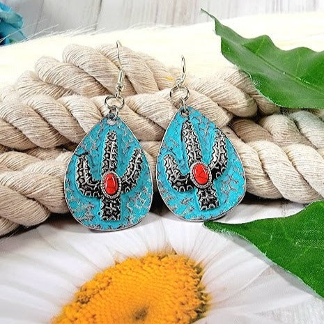 Pendientes de cactus en forma de lágrima, colgantes de estilo occidental, colgantes estilo vaquera, moda de baile en línea, accesorio de rodeo, joyería rústica