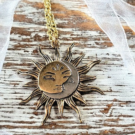 Sun and Moon Necklace, Half Moon Sun Pendant, Dual Celestial Charm