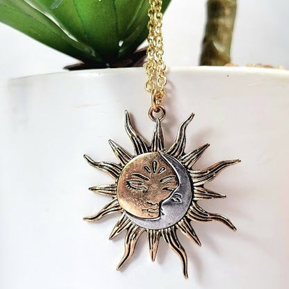 Sun and Moon Necklace, Half Moon Sun Pendant, Dual Celestial Charm