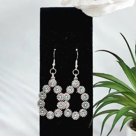 Unique Bohemian Silver Teardrop Earring with Exquisite Floral Design