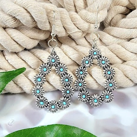 Unique Bohemian Silver Teardrop Earring with Exquisite Floral Design